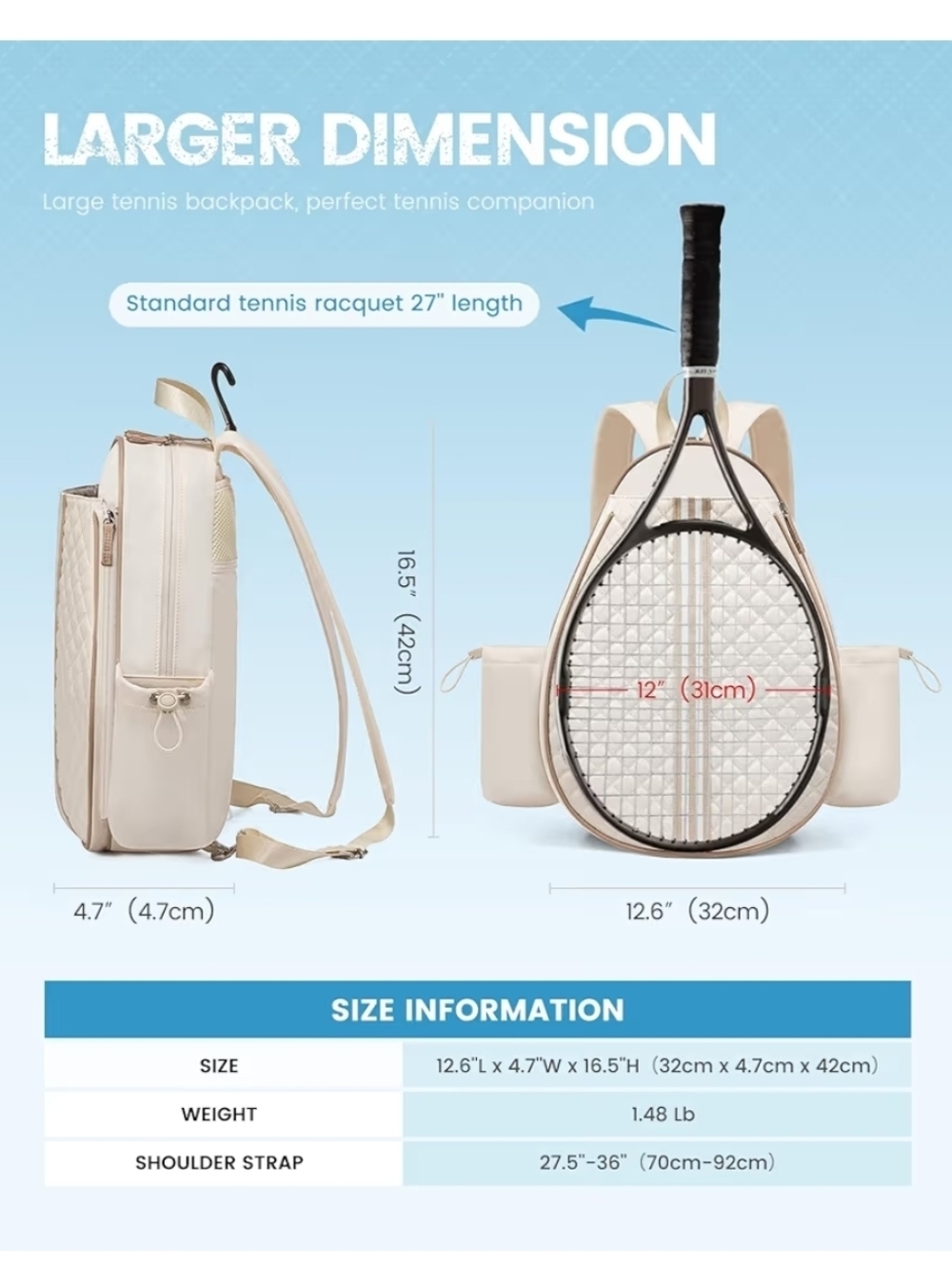 Quilted Cream Tennis Racket Backpack - Picture 11 of 12